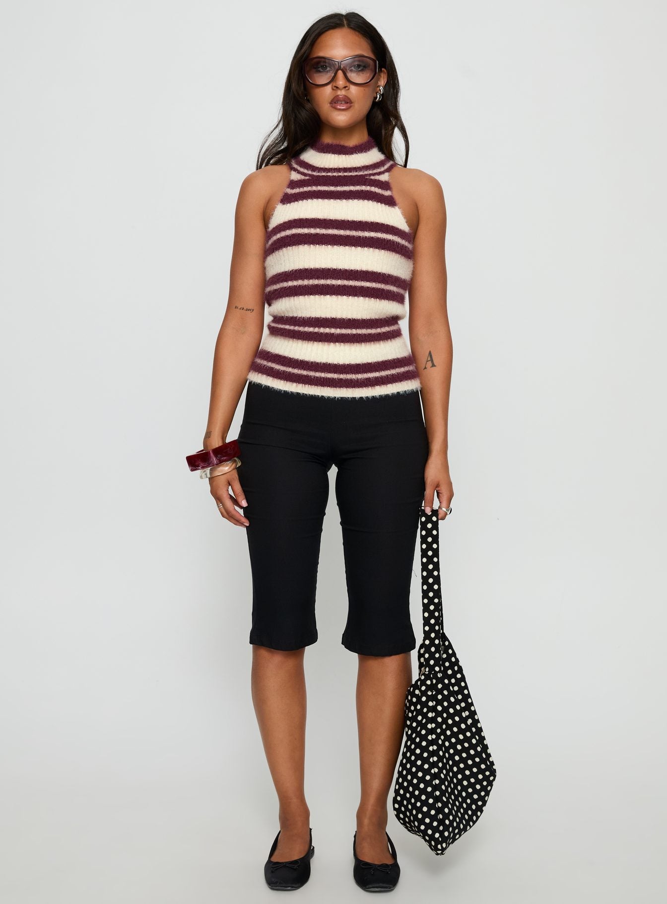 Heide High Neck Fluffy Top Burgundy Stripe