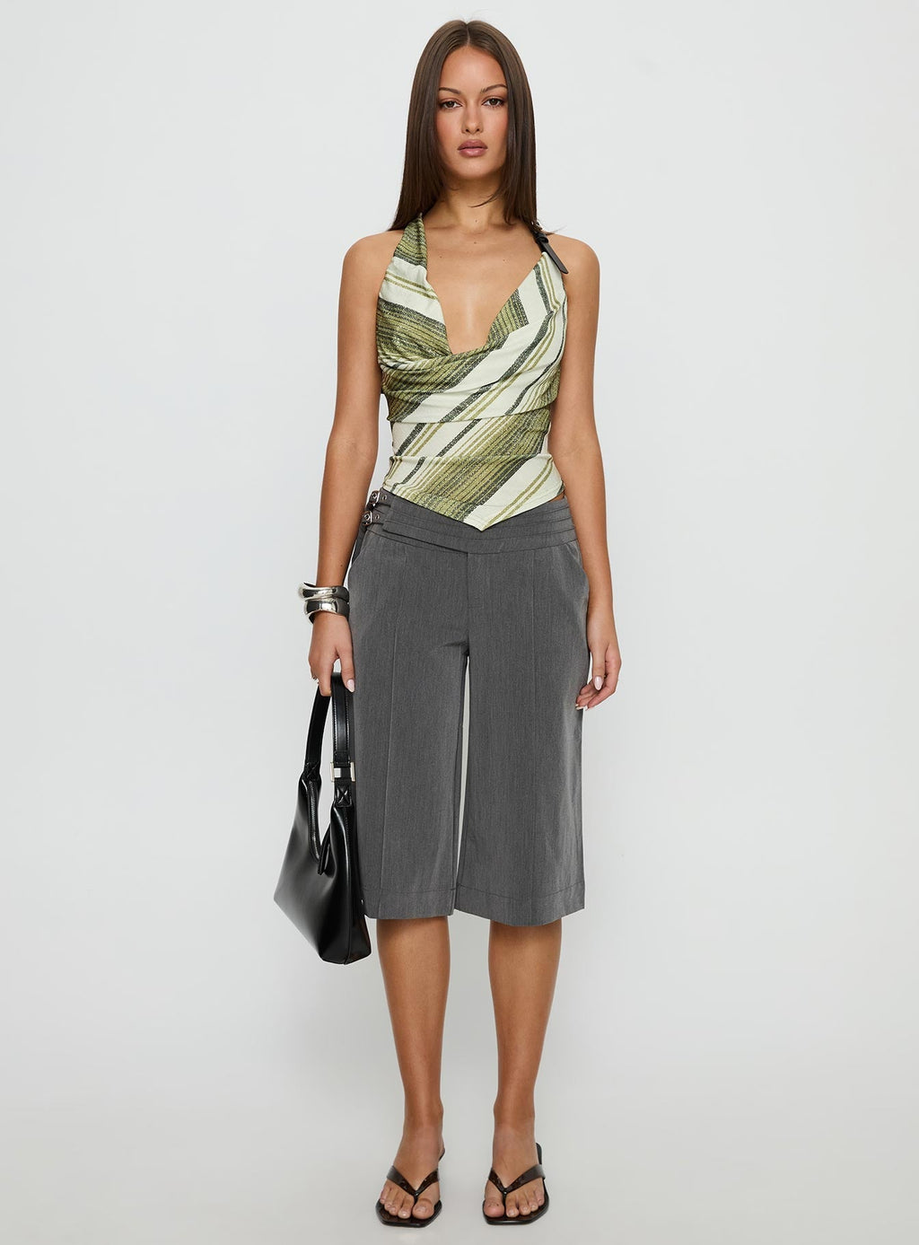 Syrenah Halter Cowl Neck Top Green Stripe