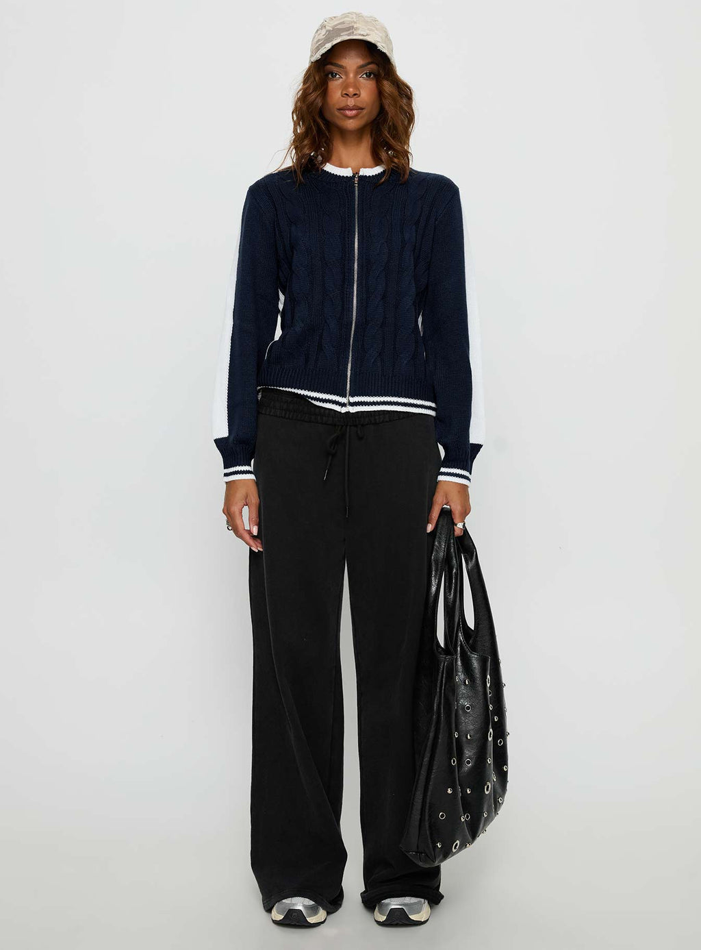 Tevyn Cable Knit Zip Through Knit Sweater Blue / Cream