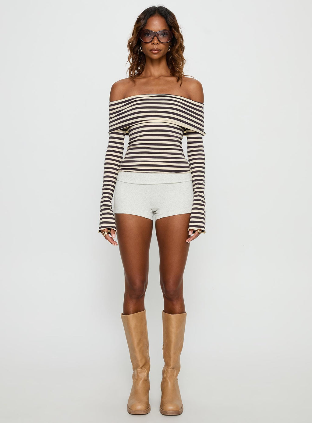 Janicia Off Shoulder Top Charcoal Stripe