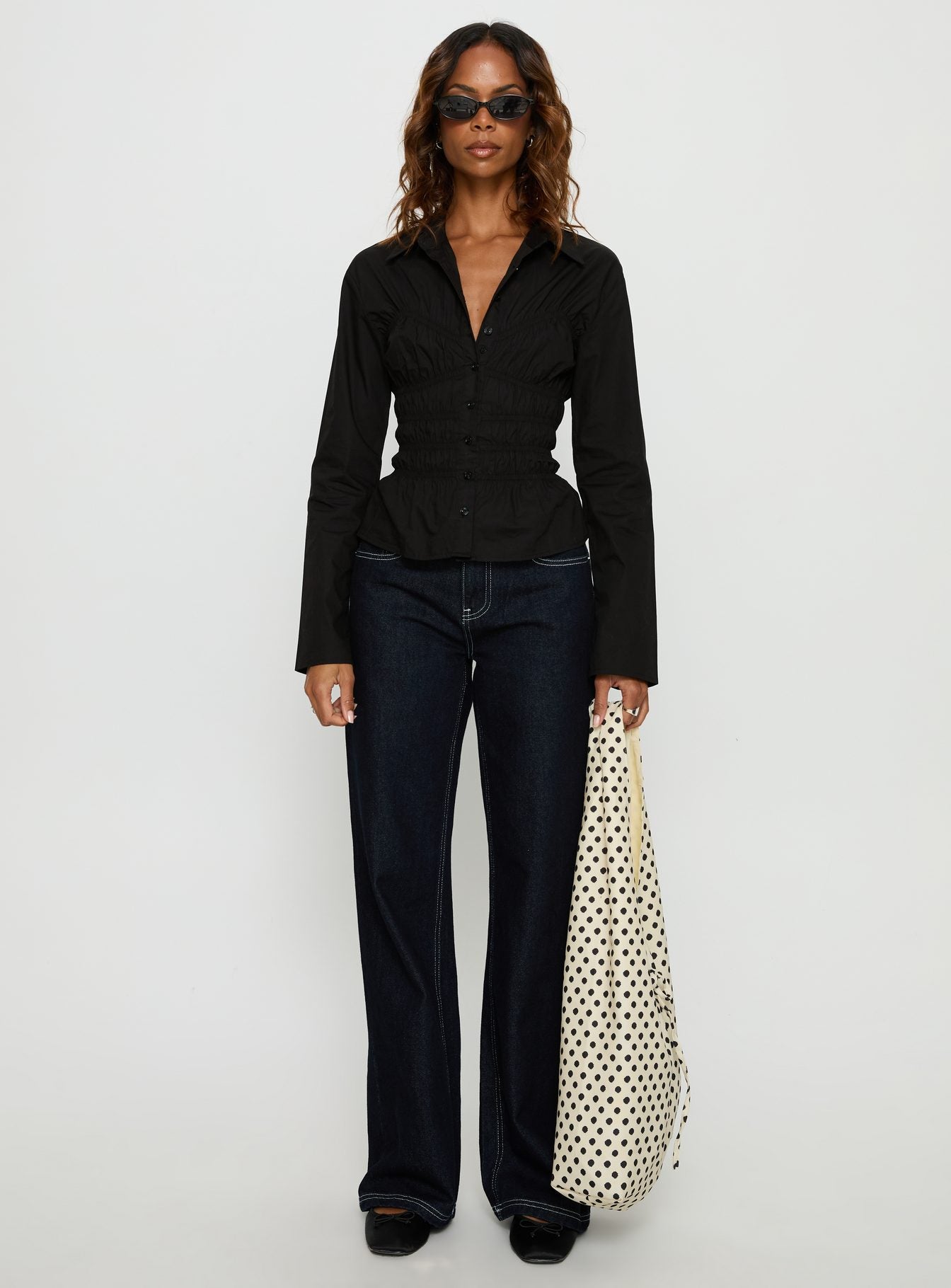 Liesel Shirred Long Sleeve Top Black