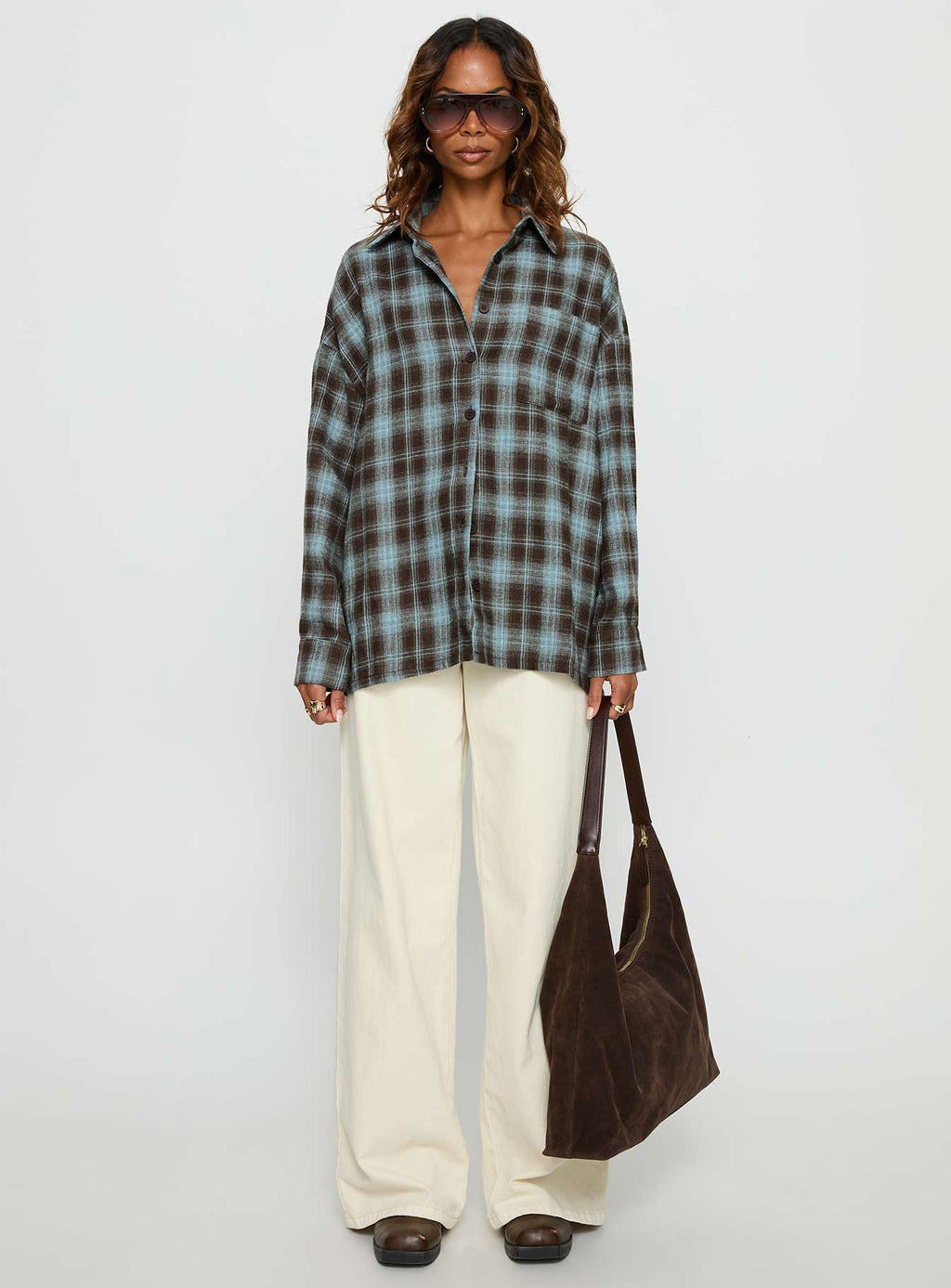Perlita Long Sleeve Collared Shirt Brown Check