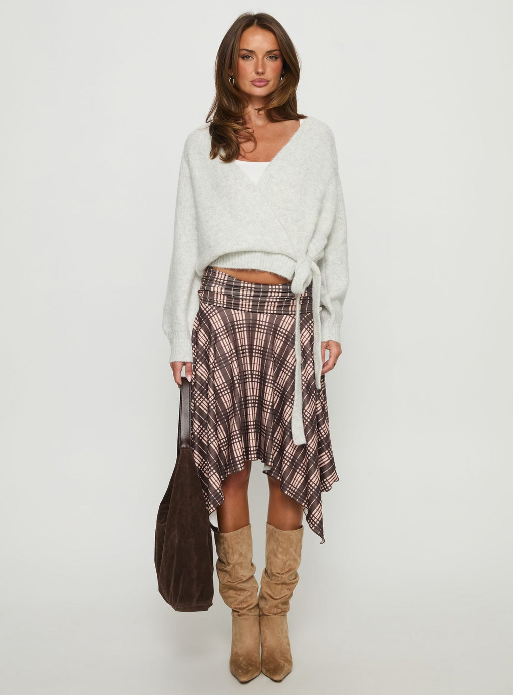Scholar Asymmetrical Midi Skirt Brown Check