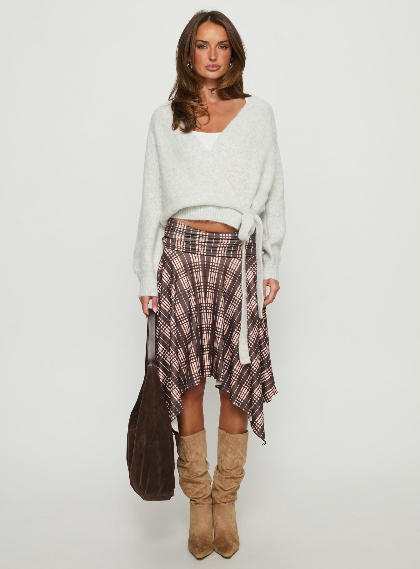 Scholar Asymmetrical Midi Skirt Brown Check