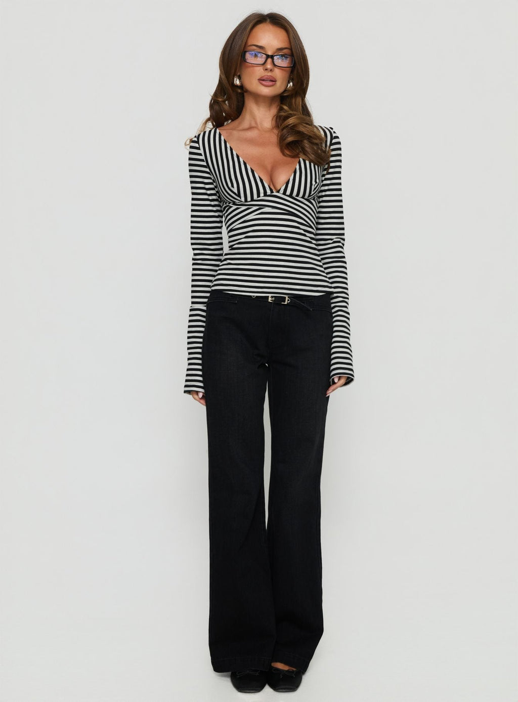 Madelon Long Sleeve Wrap Top Black / Grey Stripe
