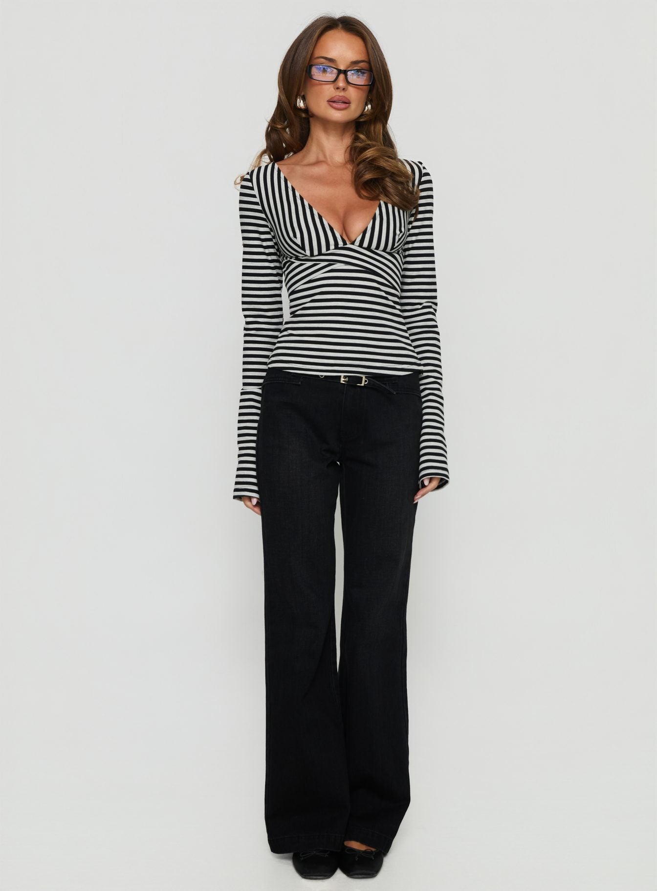 Madelon Long Sleeve Wrap Top Black / Grey Stripe
