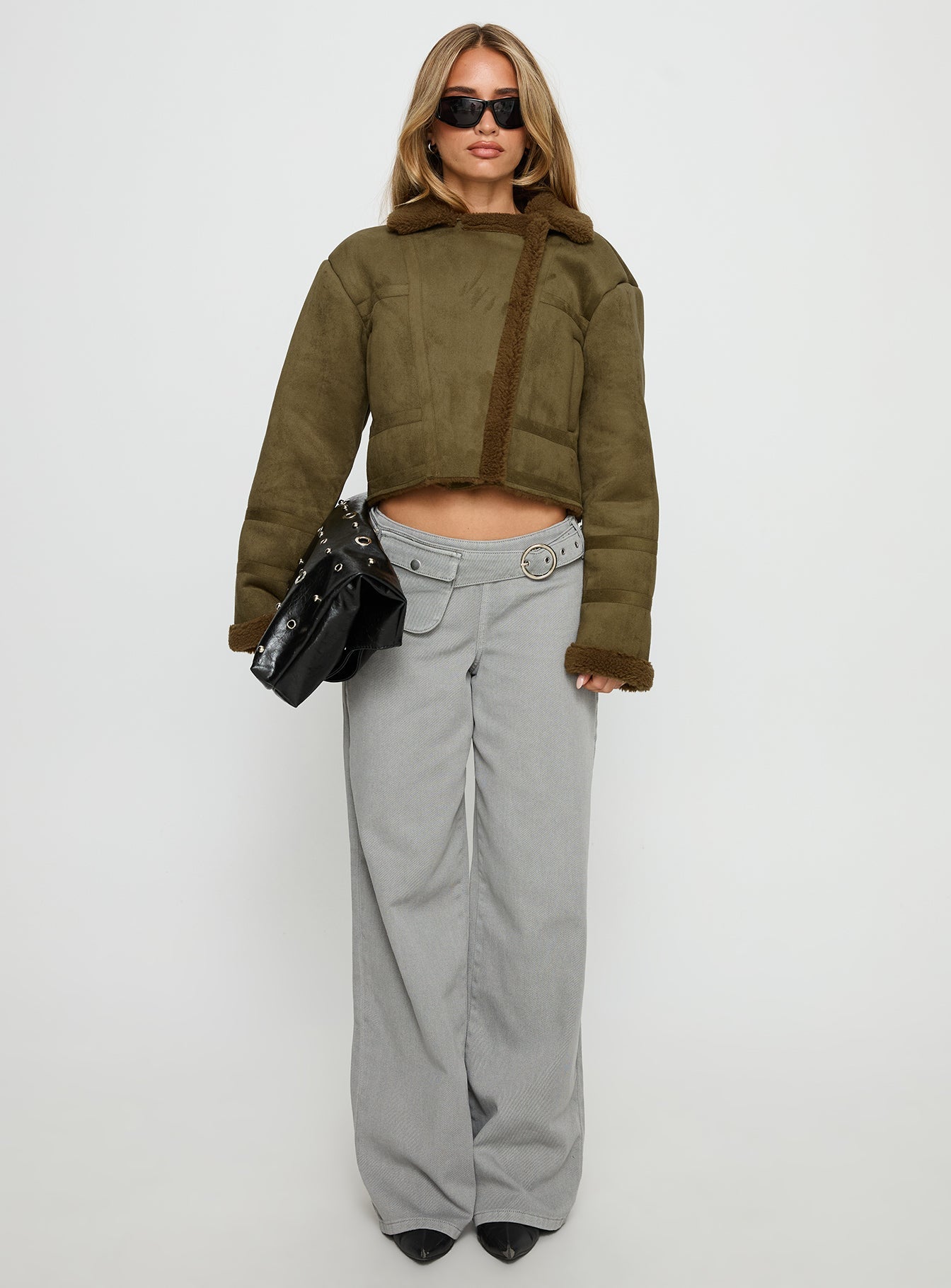 Swooning Cropped Faux Suede Jacket Green