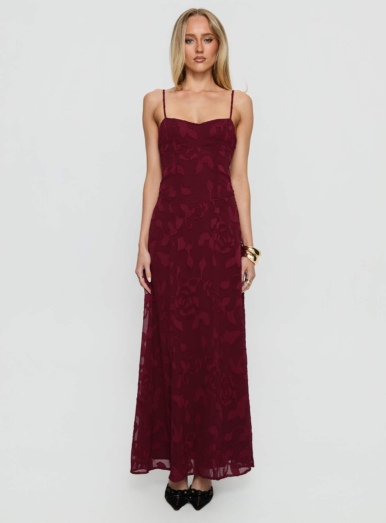 Leading Lady Sweetheart Maxi Dress Red Floral Burnout