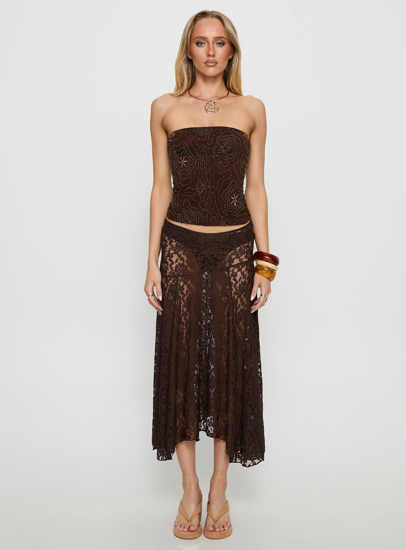 Vania Bead Detail Strapless Top Chocolate