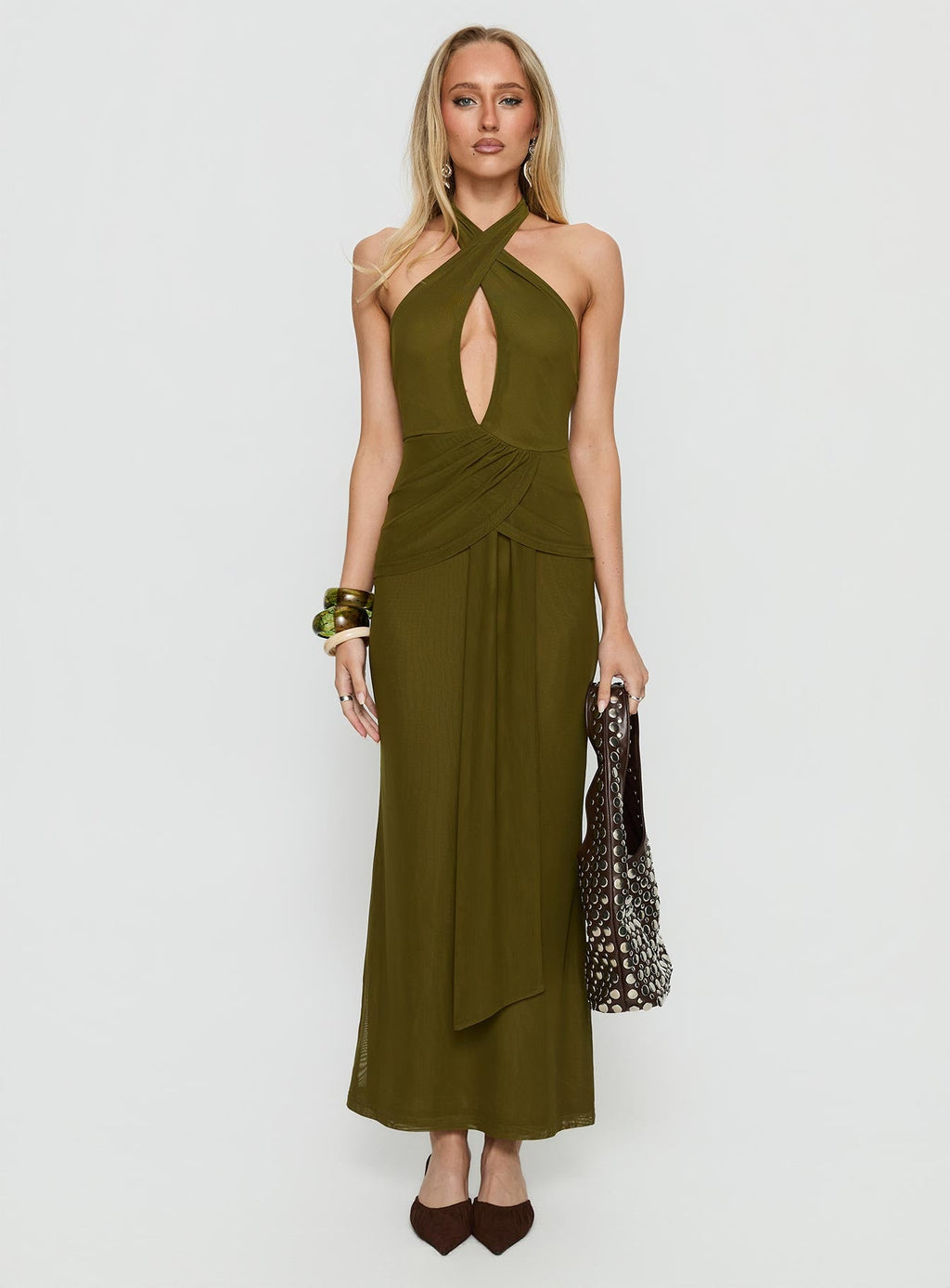 Feliza Keyhole Halter Maxi Dress Olive