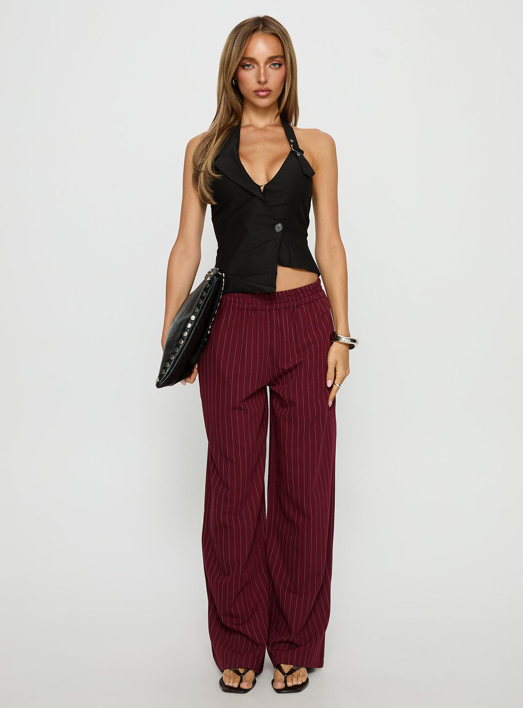 Jaysa Baggy Wide Leg Pant Burgundy Pinstripe