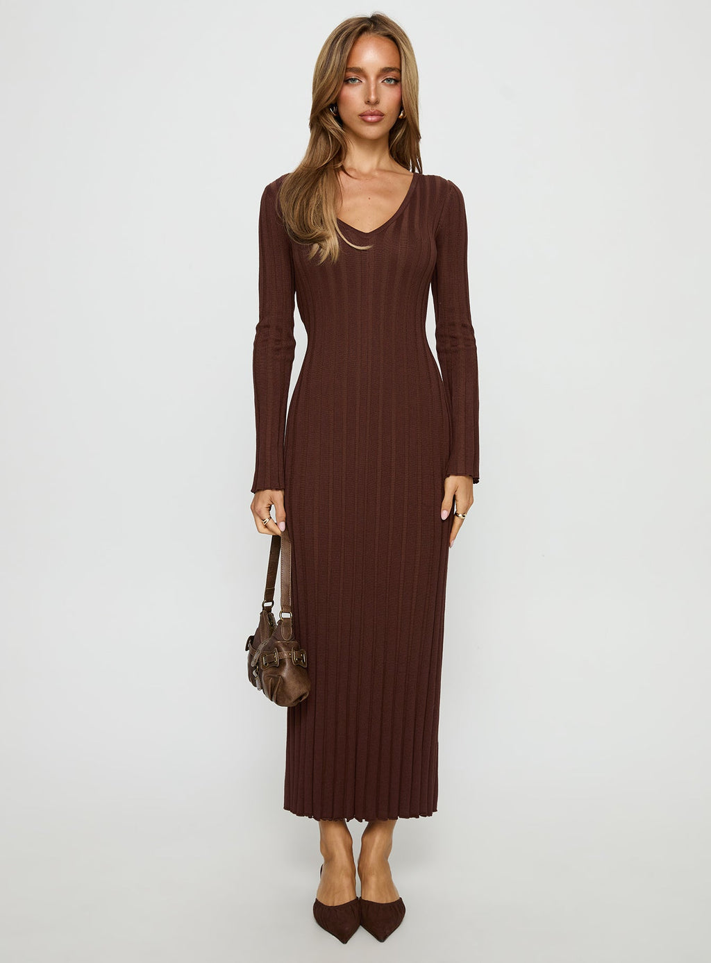 Gratuita Long Sleeve Rib Maxi Dress Chocolate