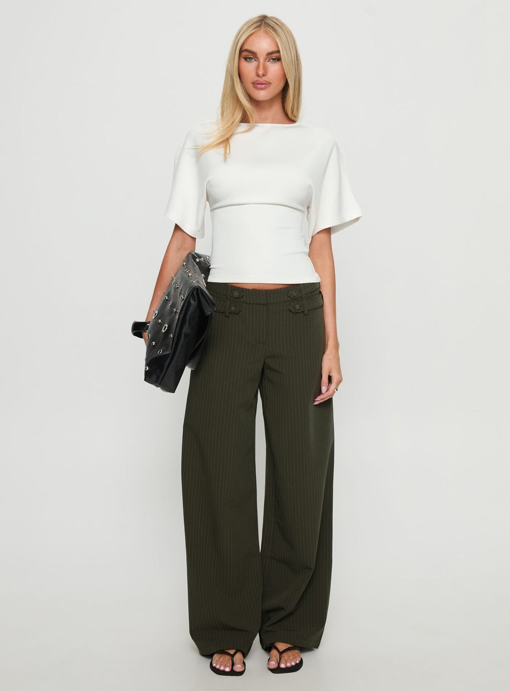 Jette Tailored Buckle Pant Green Pinstripe