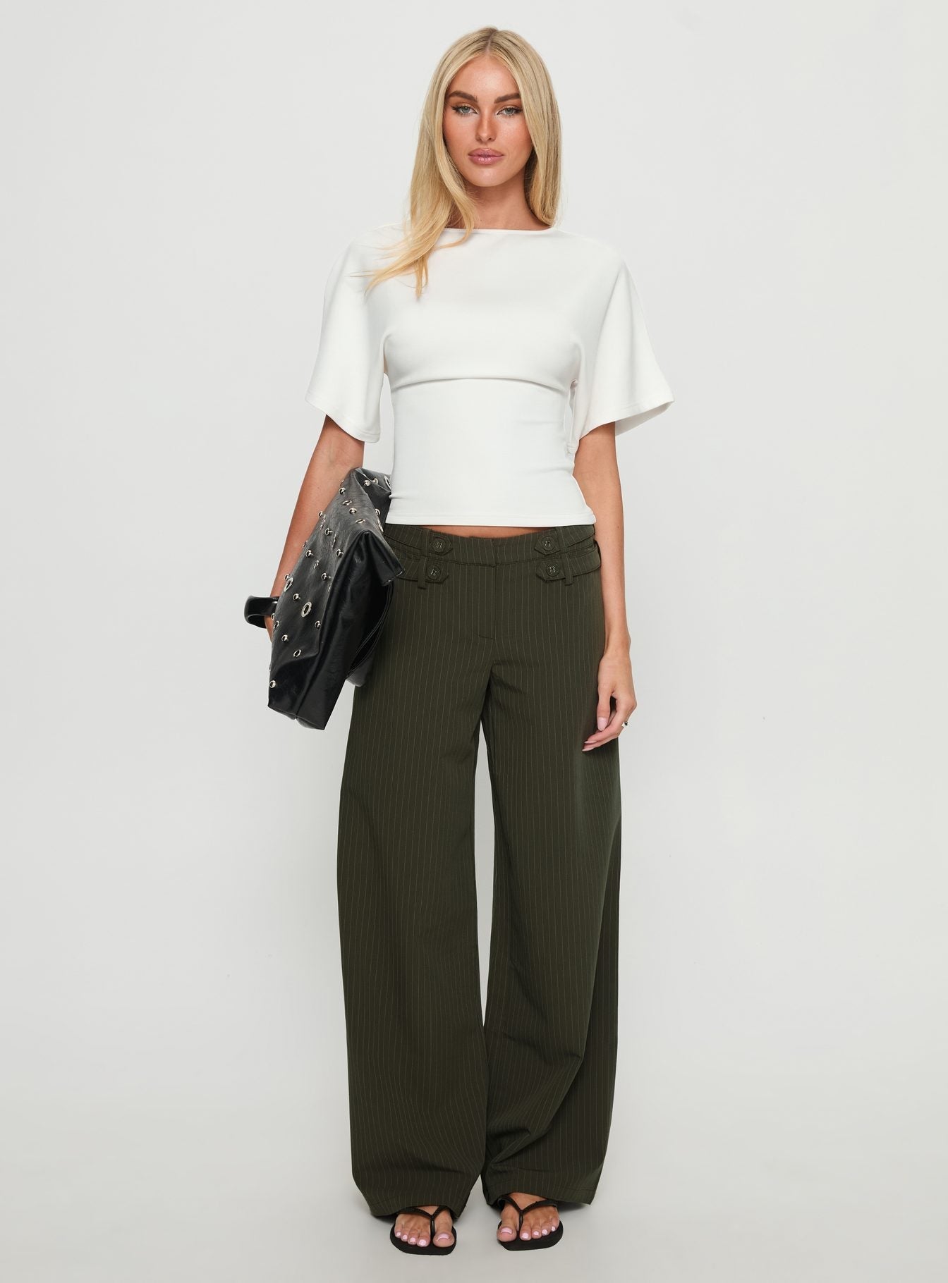 Jette Tailored Buckle Pant Green Pinstripe