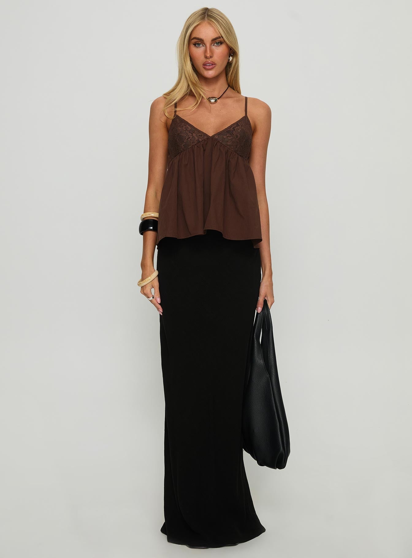 Janeesa Frill Lace Detail Cami Top Brown