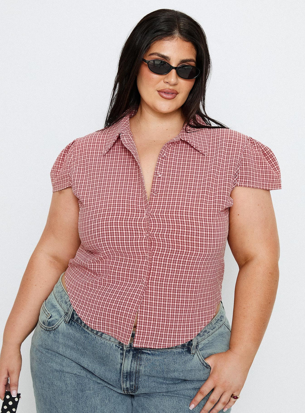 Float Away Button Up Top Red Check Curve