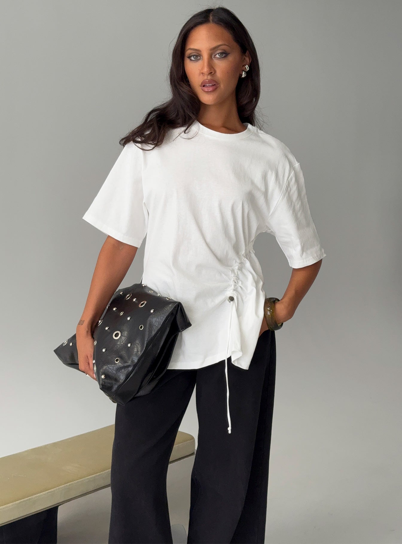 Agnessa Ruched Detail Oversized Tee White