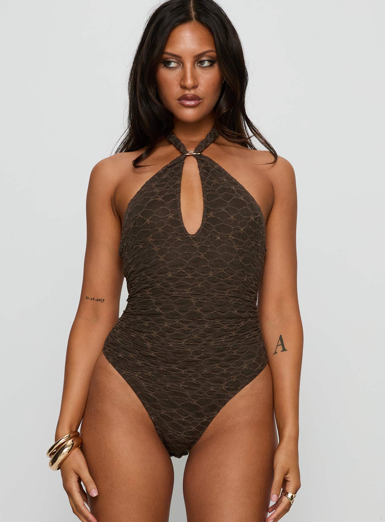 Libbey Hardware Detail Textured Bodysuit Brown